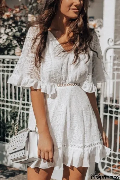 V Neck Lace Mini Dress