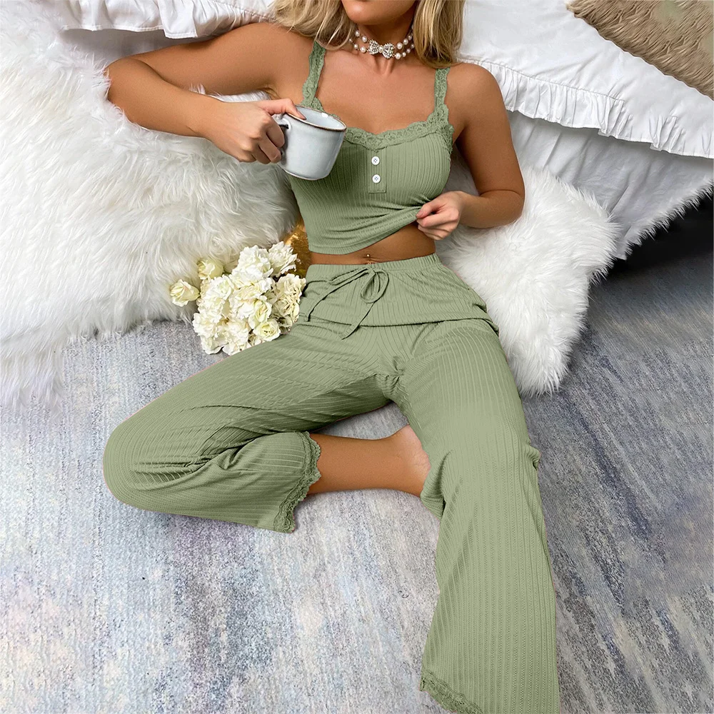 Uveng 2024 Casual Pajamas Female Summer Lace Sling Trousers Sexy Hot Girl Home Clothes Two