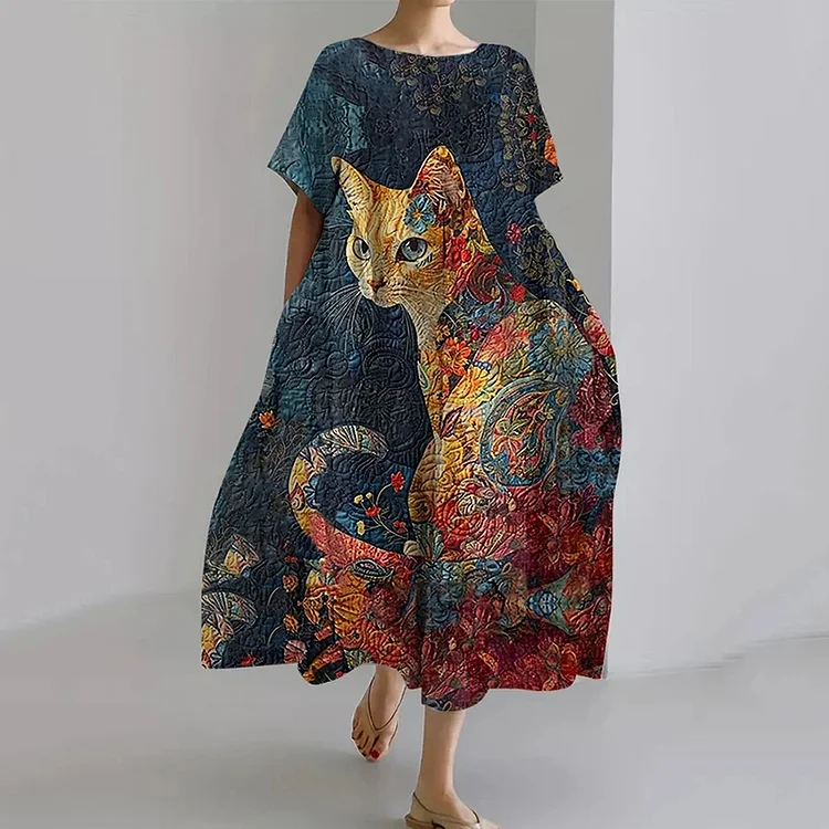 Comstylish Women's Animal Cat Art Print Casual Loose Midi Dress