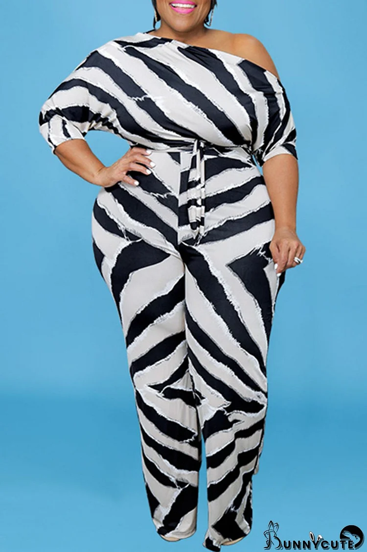 Black Fashion Casual Striped Print Basic Oblique Collar Plus Size Jumpsuits