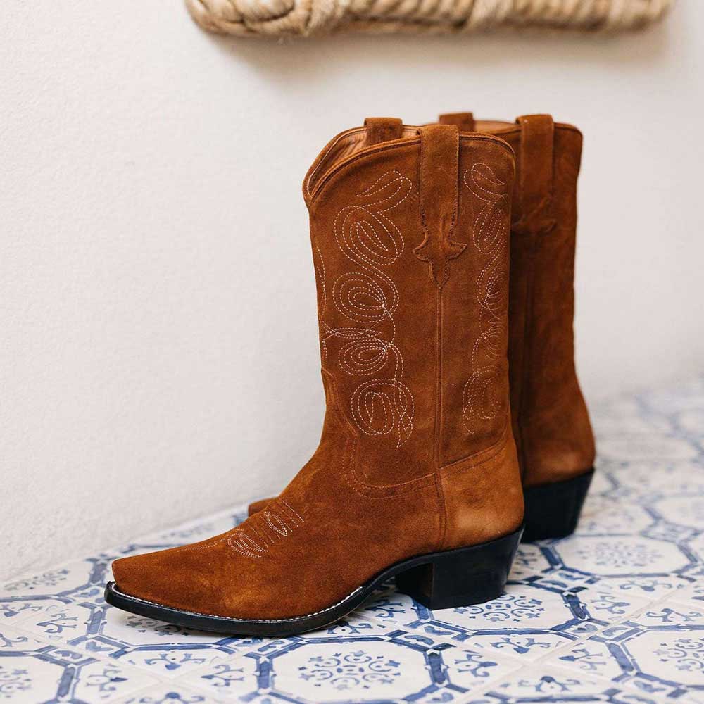 Brown Faux Suede Pointed Toe Chunky Heel Mid-Calf Cowgirl Boots