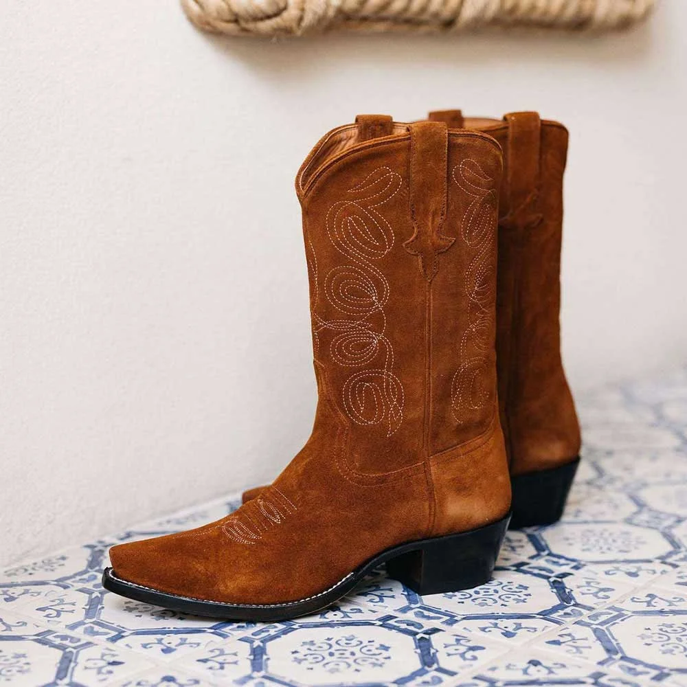 Brown Faux Suede Pointed Toe Wide Calf Mid-Calf Cowgirl Embroidered  Boots With Chunky Heels Nicepairs