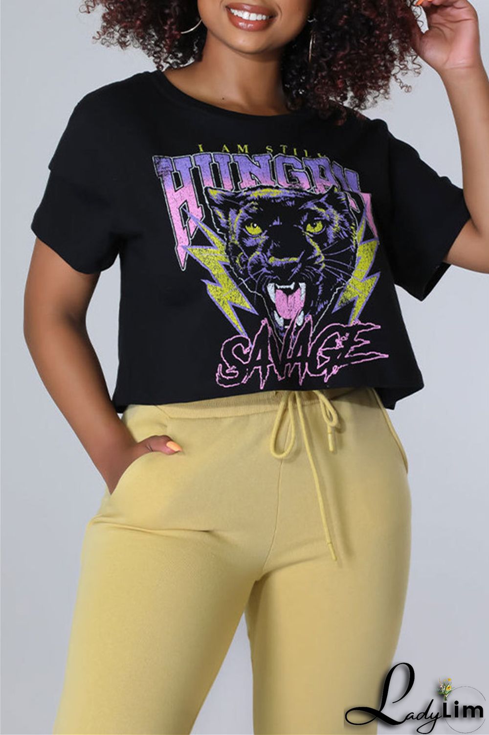 Black Pink Fashion Casual Letter Print Basic O Neck T-Shirts