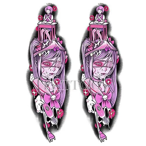 Japanese Devil Dark Sexy Pink Girl Big Size Color Arm Water Transfer Temporary Fake Tattoo Sticker For Men and Women