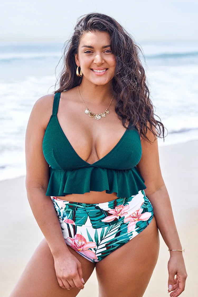 Green and Floral Ruffle Plus Size Bikini