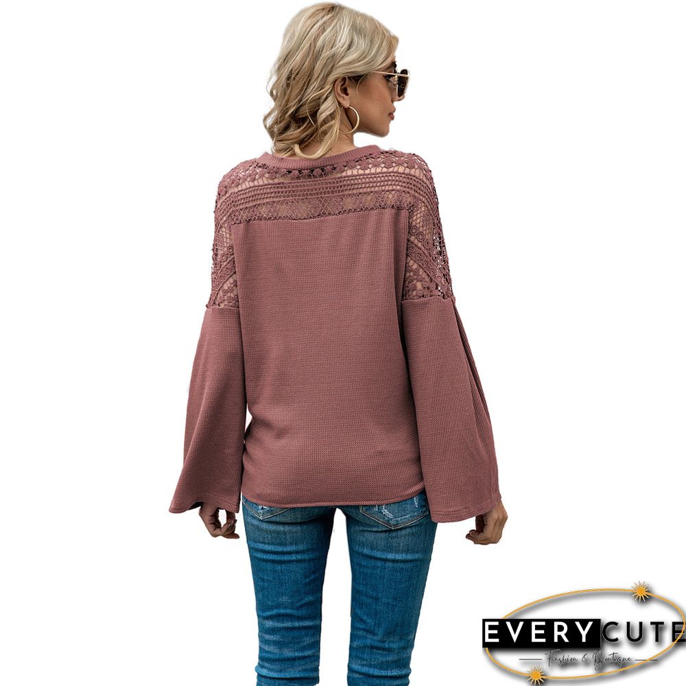 Pink Crochet Lace Insert Shoulder Waffle Tops