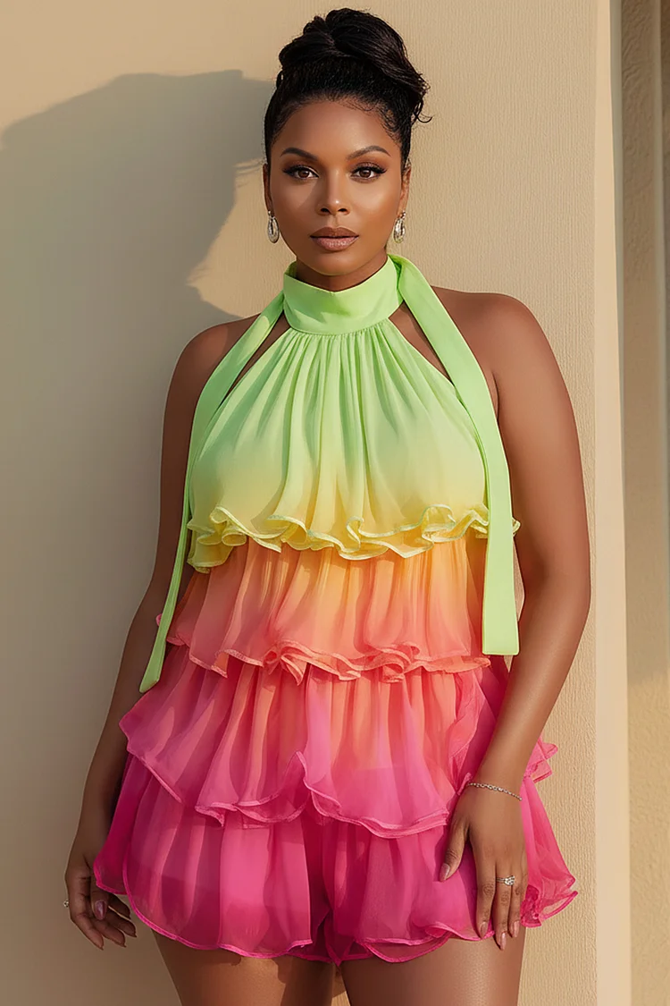 Xpluswear Design Plus Size Vacation Rainbow Gradient Halter Collar Ruffle Tiered Chiffon Rompers [Pre-Order] 2024 - Xpluswear