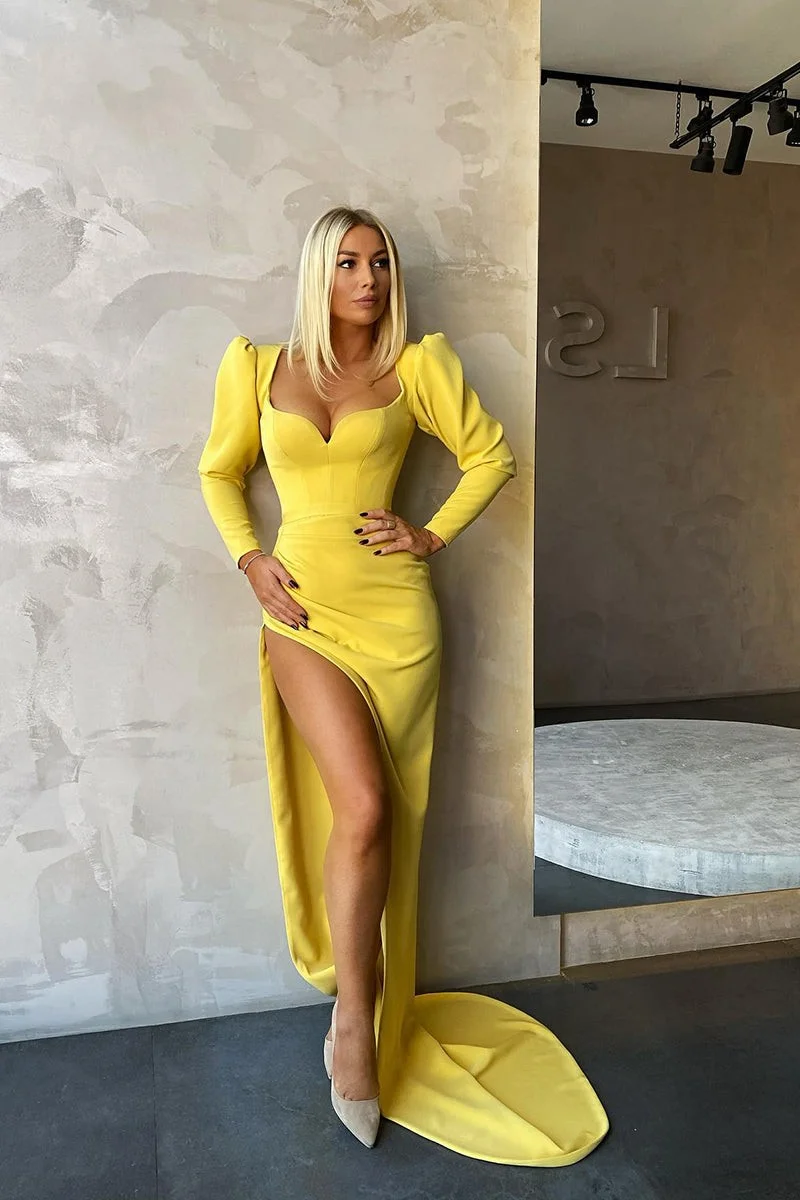 Bellasprom Lemon Yellow Long Sleeves Prom Dress Mermaid With Split