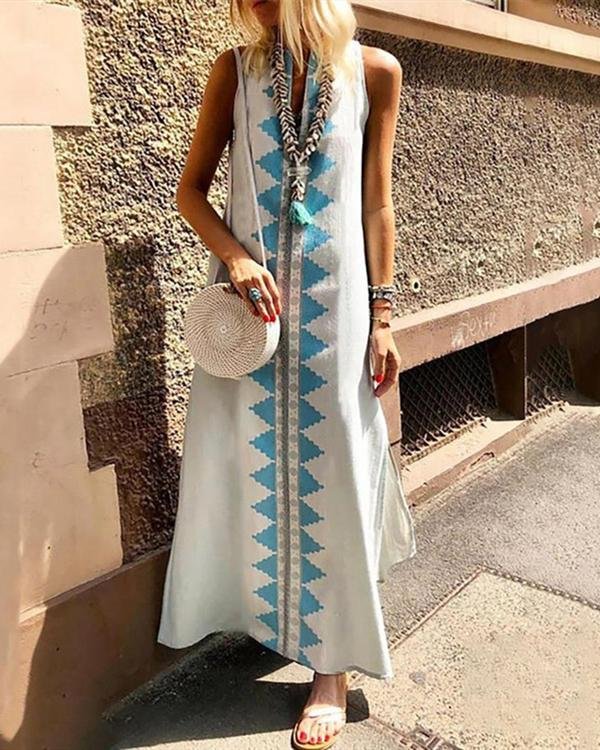 casual sexy sleeveless cotton national style printing maxi dresses p114322