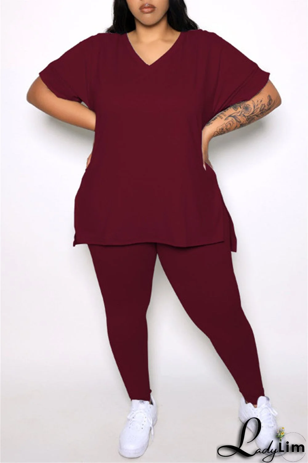 Tibetan Blue Fashion Casual Solid Slit V Neck Plus Size Two Pieces