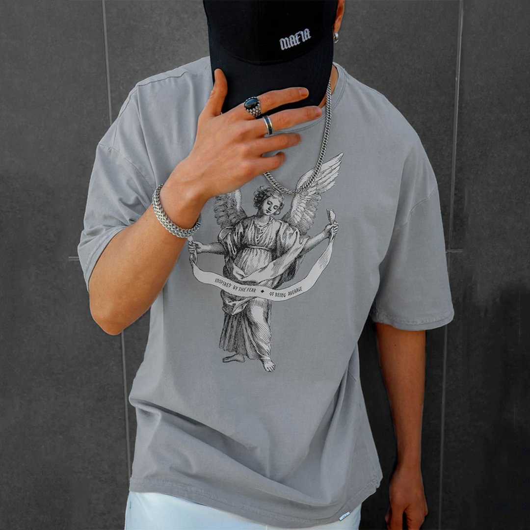 Men Casual Angel Art Print Short Sleeve T-shirt