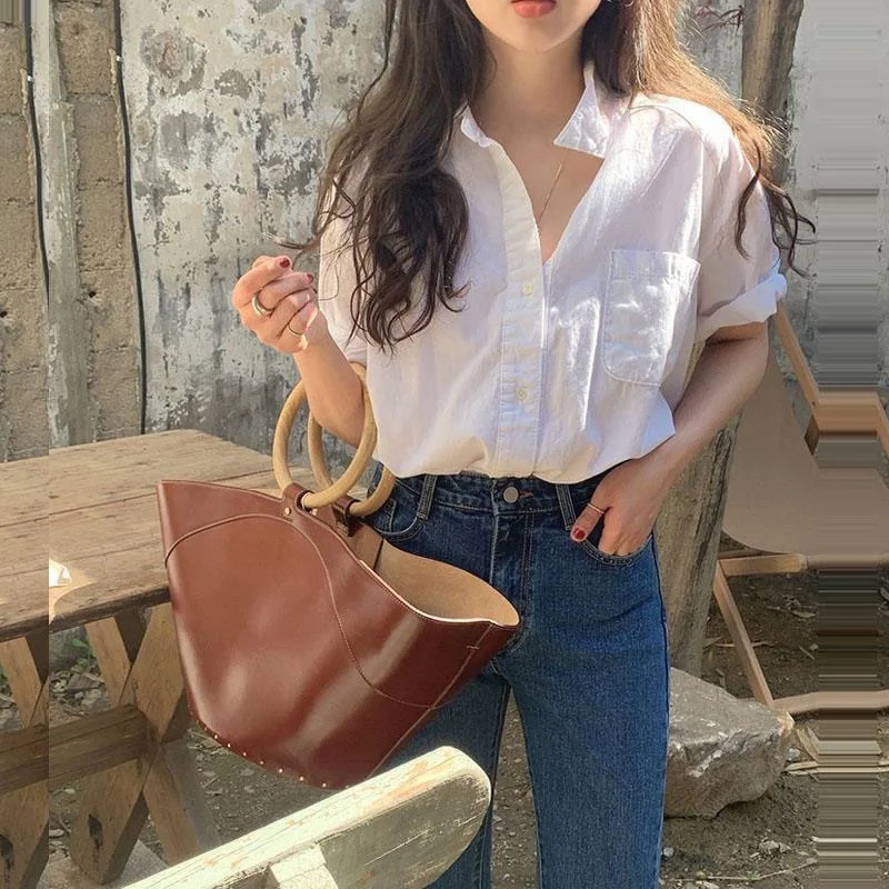 Brownm Brownm Version Of White Short-Sleeved Shirt Women's Summer New Design Sense Of Niche Shirt Loose Lazy Leisure Thin