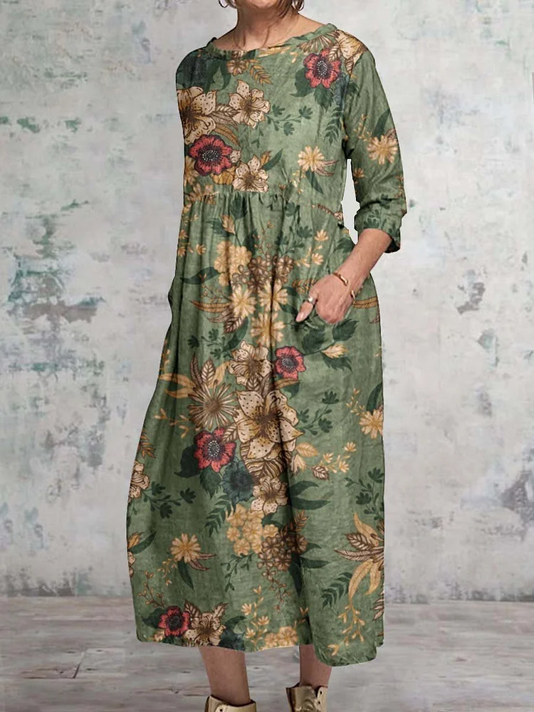 Women's Classic Floral Pattern Round Neck Cotton and Linen Top with Pockets