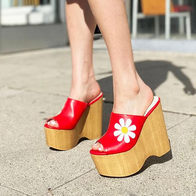 Red Peep Toe Heeled Clogs Vintage Flower Print Wedge Platform Mules |FSJ Shoes