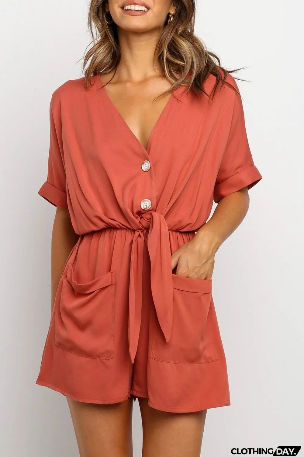 Drawstring Waist V-Neck Knotted Romper