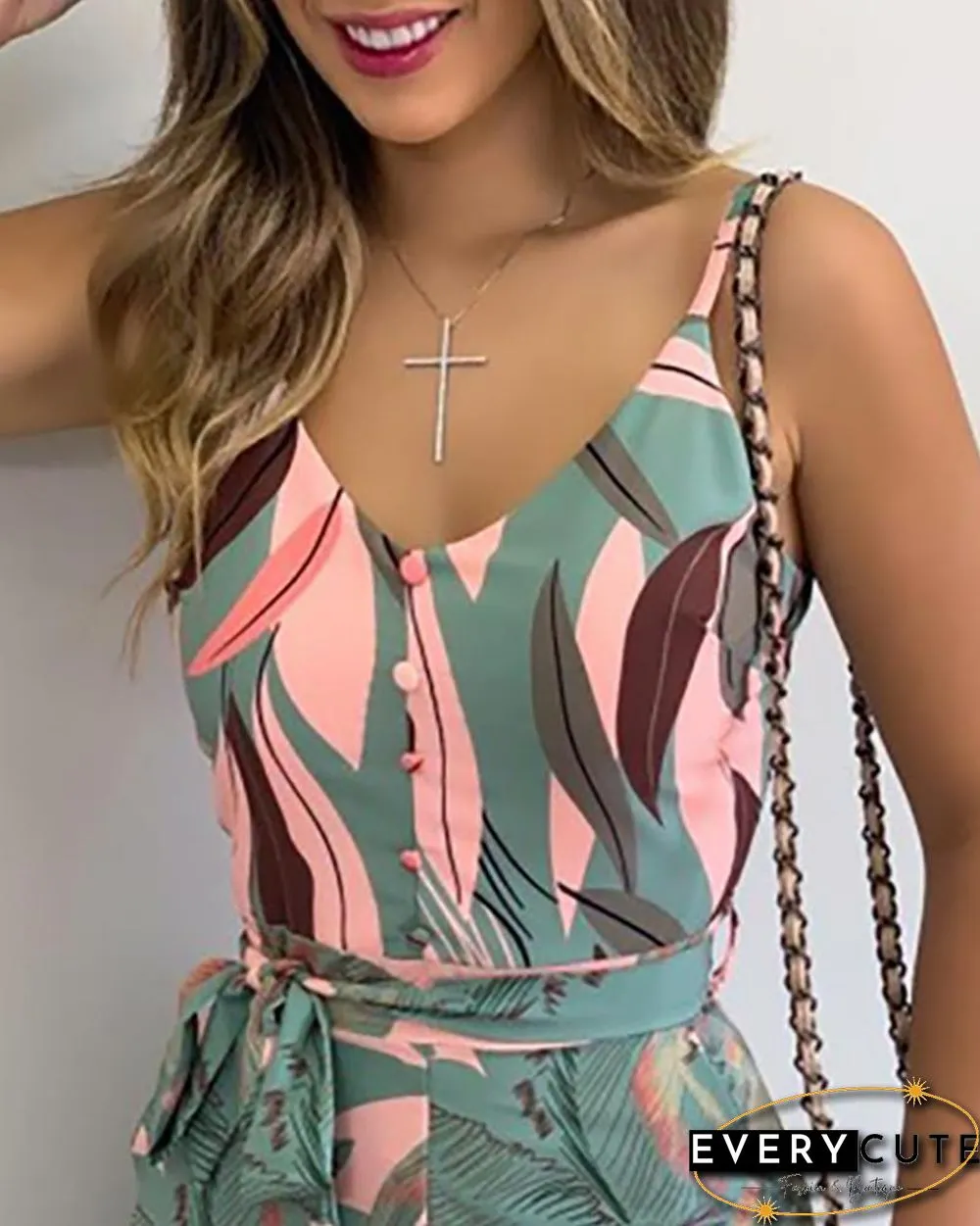 Spaghetti Strap Leaf Print Striped Knotted Romper P15385