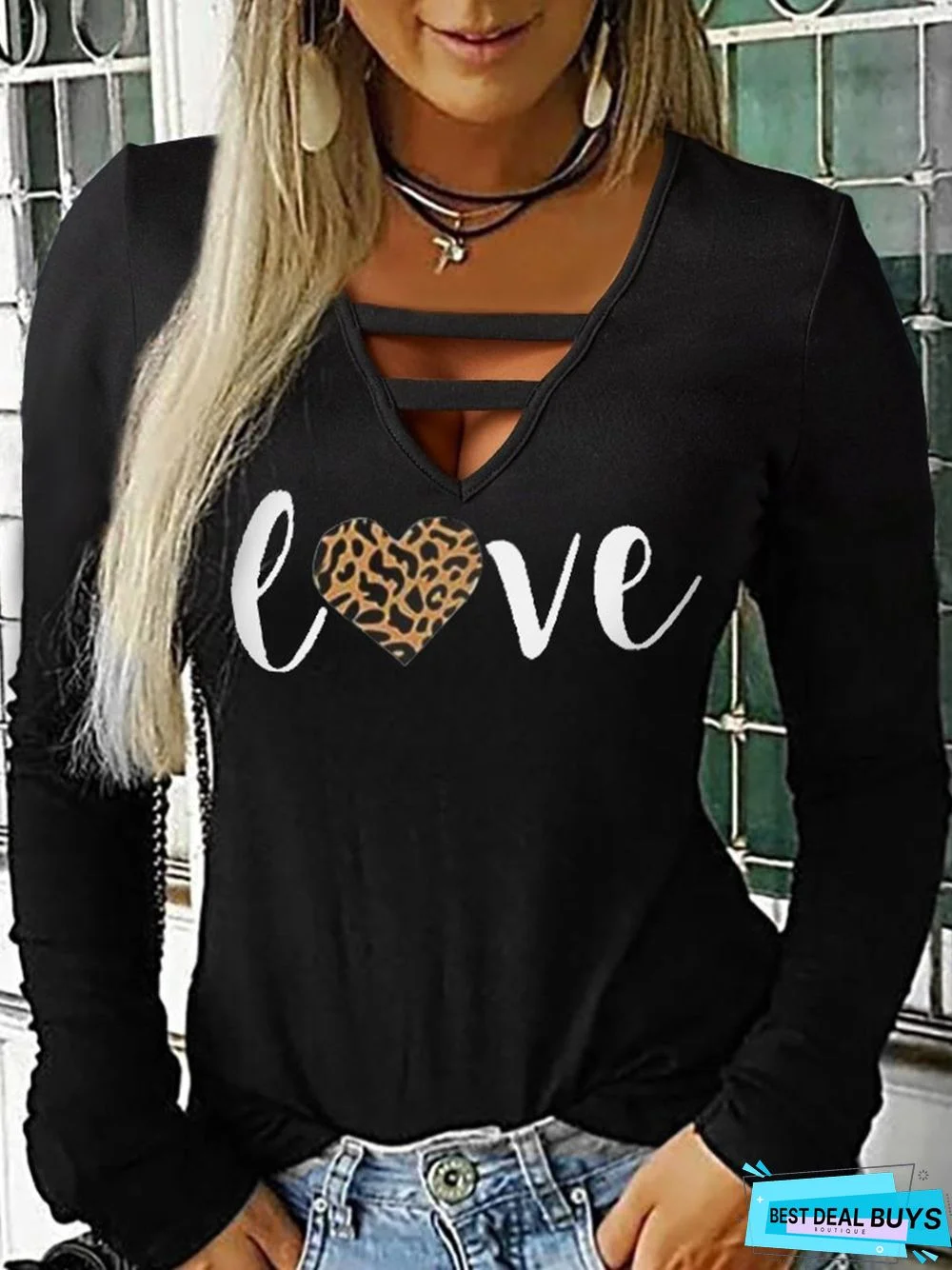 Black Letter Printed Long Sleeve Cutout Sexy Casual Party Top