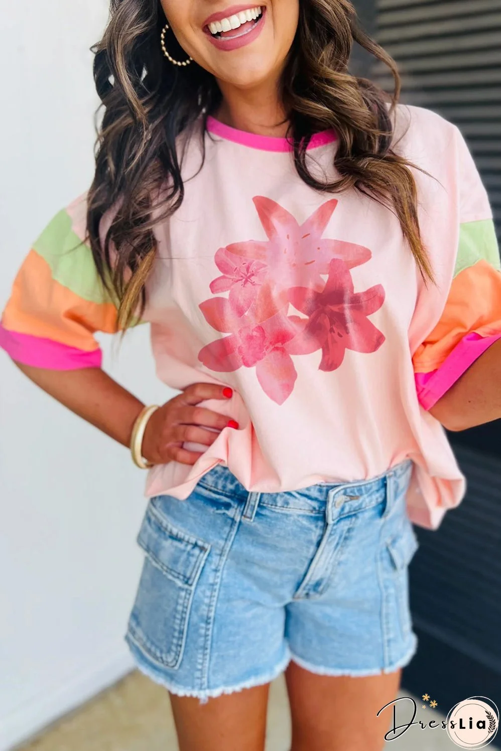 Pink Flower Color Block Half Sleeve Loose T Shirt