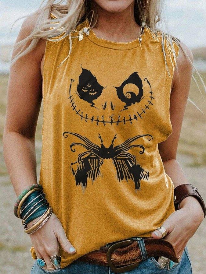 Women's Halloween Skull Face Print Sleeveless T-Shirt