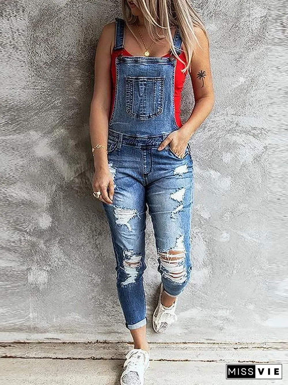 Solid Ripped Pocket Desgin Denim Jumpsuit