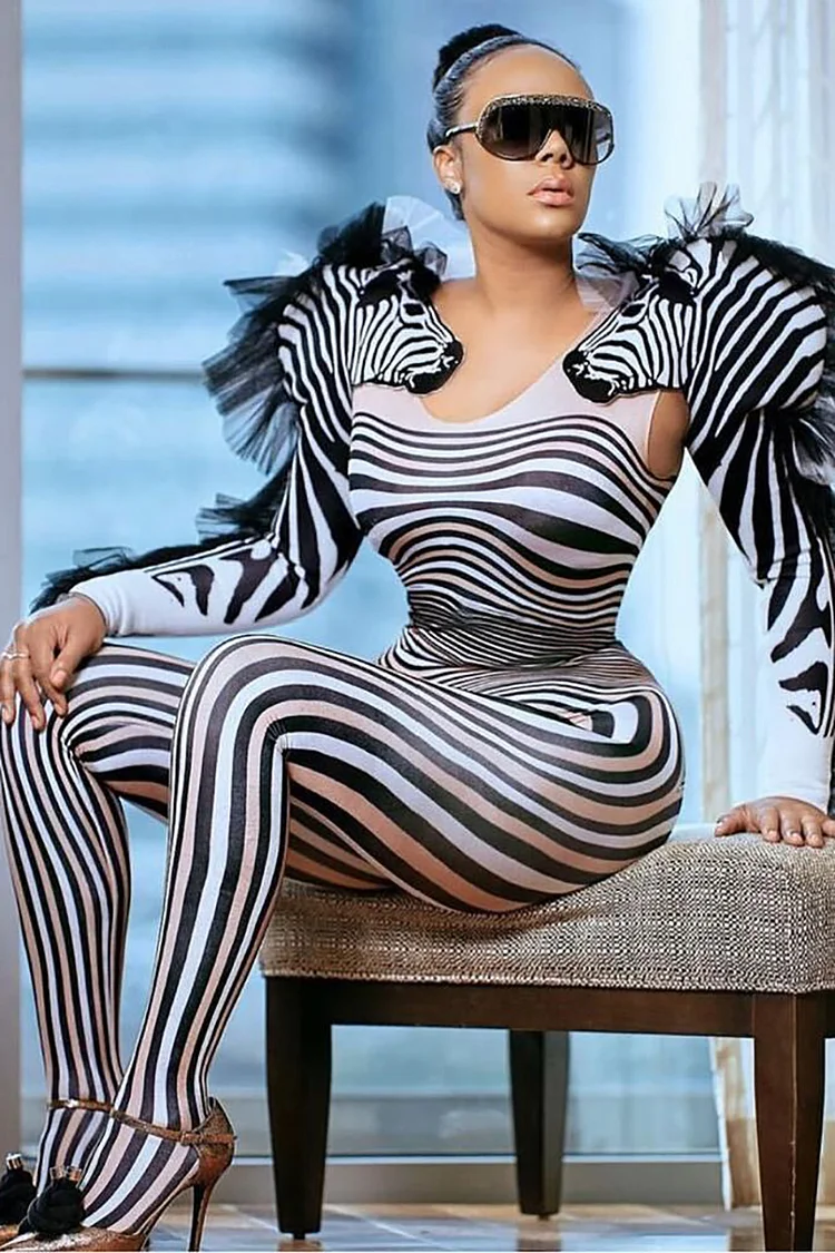 Xpluswear Plus Size Party Zebra Print Ruffle Cutout Jumpsuits 