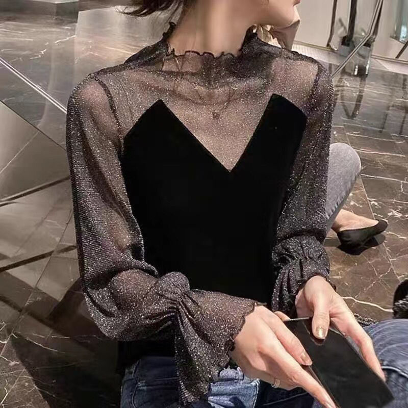 Fashion Sexy Blouse Women Women's Mesh Lace Velvet Loose Retro Top for Spring and Autumn Blouse 