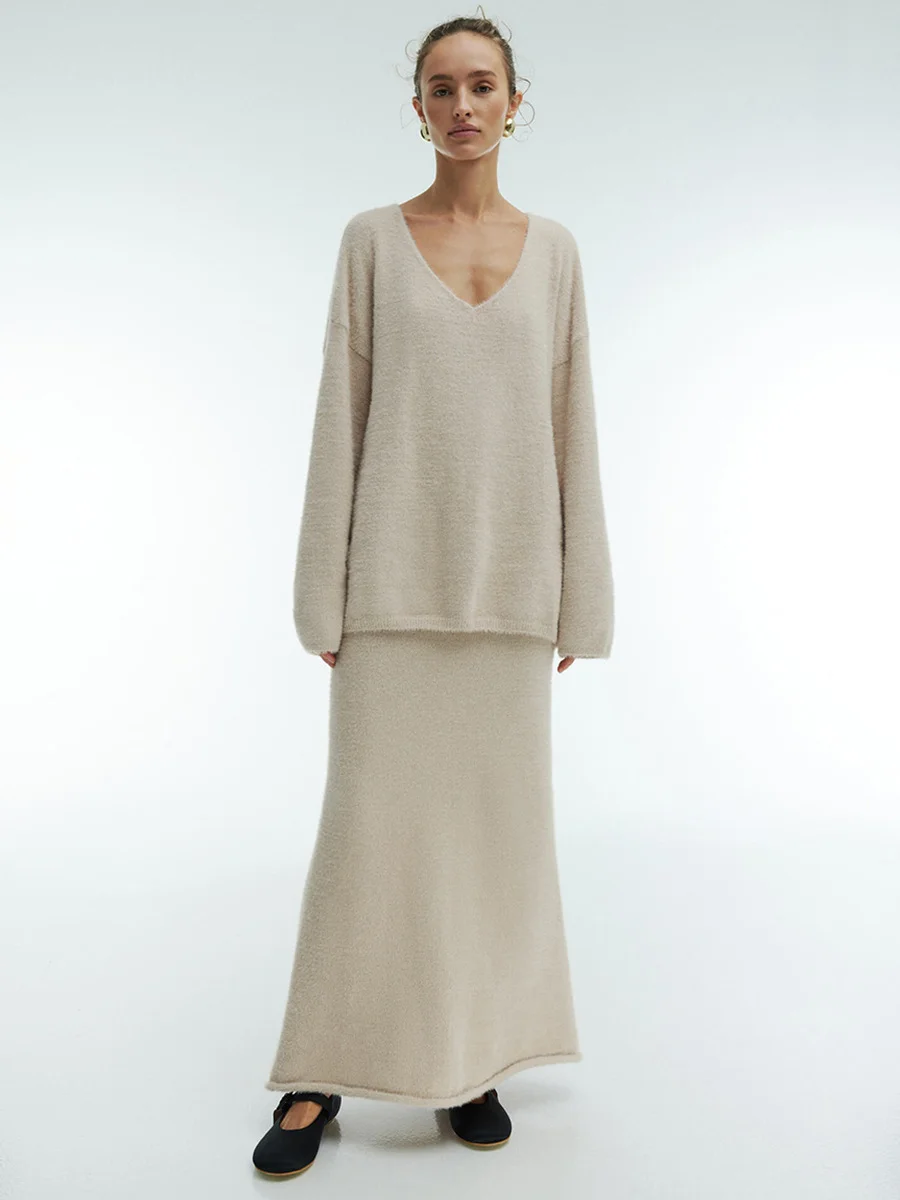 Churchf Churchf Mink Wool Sweater Suit Female Autumn And Winter Commute Simple Knit V-Neck Sweater Half Body