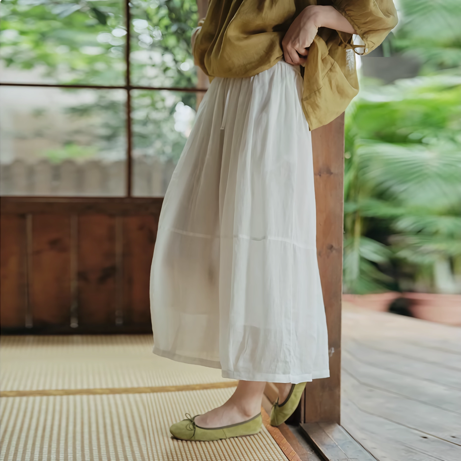 Ramie White Elastic Waist Skirt Slack REAL SILK LIFE