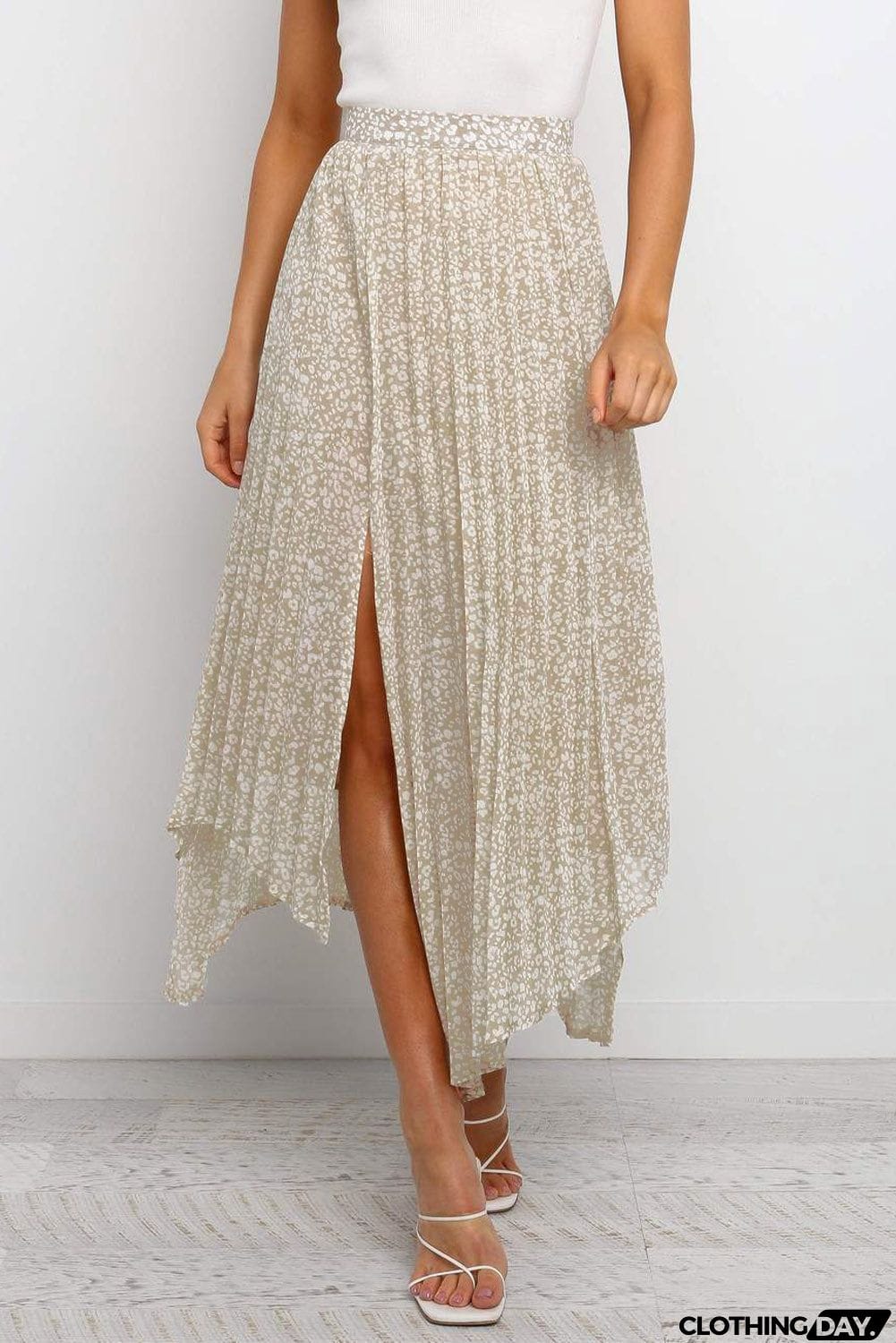 Fashion Print Side Slit Pleated Maxi Skirt