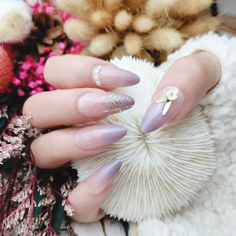 24pcs/set Light Grey Rhinestone Short Size Design Artificial Nail DIY Fashion false nails with glue fake nails press on for girl-Nail Inspo