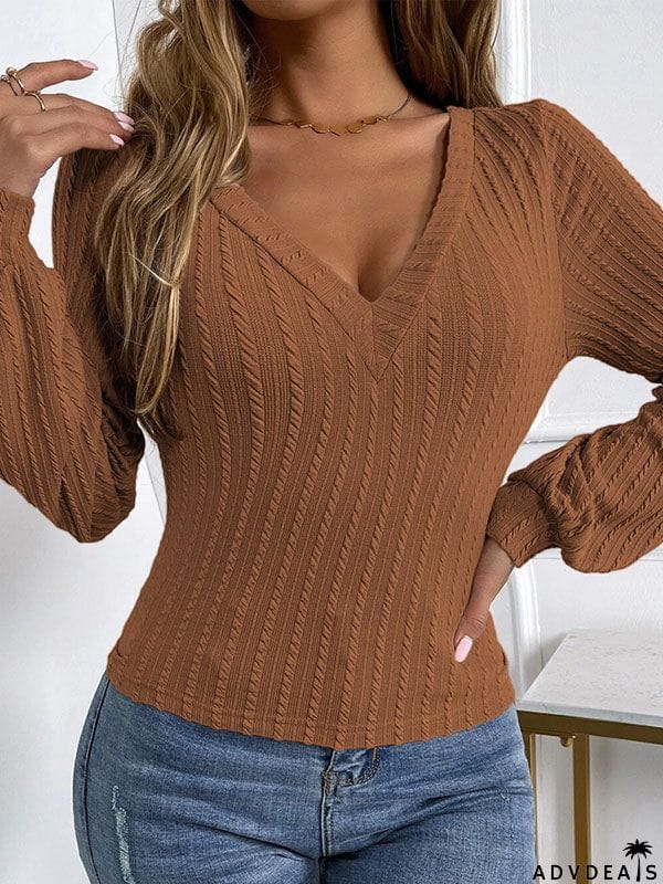 Long Sleeves Puff Sleeves Solid Color V-Neck T-Shirts Tops