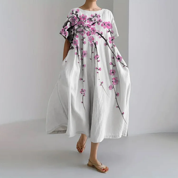 Comstylish Cherry Blossom Print Round Neck Short Sleeve Casual Midi Dress