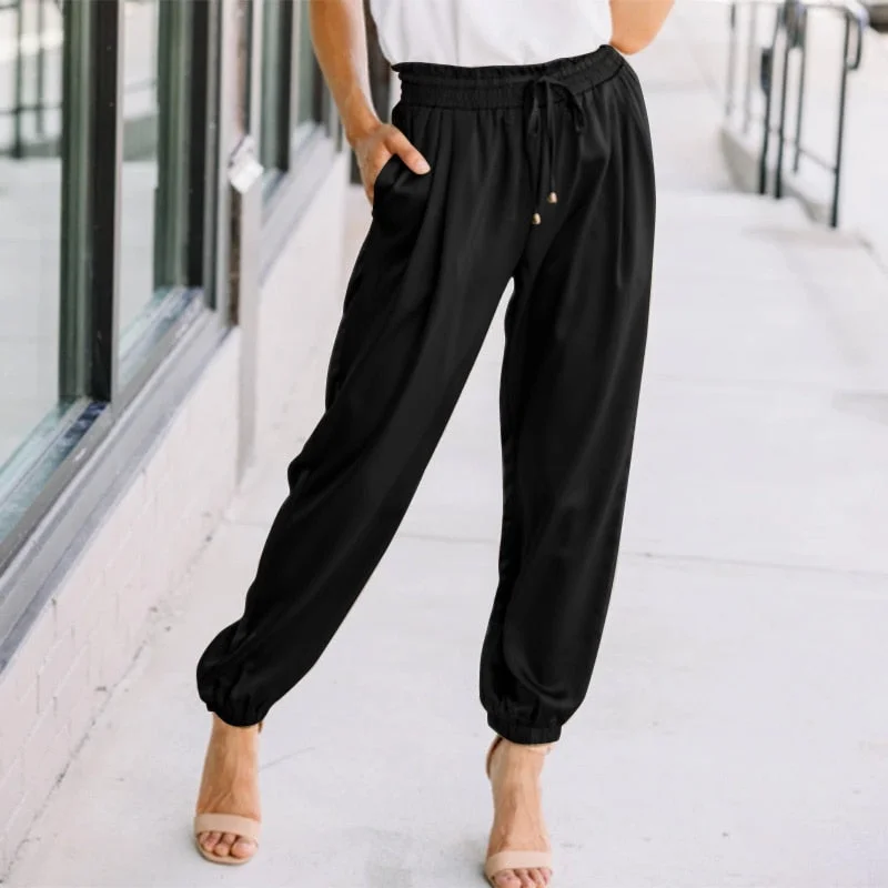 Women Casual Satin Pant ZANZEA Elegant Loose High Elastic Waist Trouser 2022 Spring Lantern Pantalon Palazzo Holiday Pencil Pant