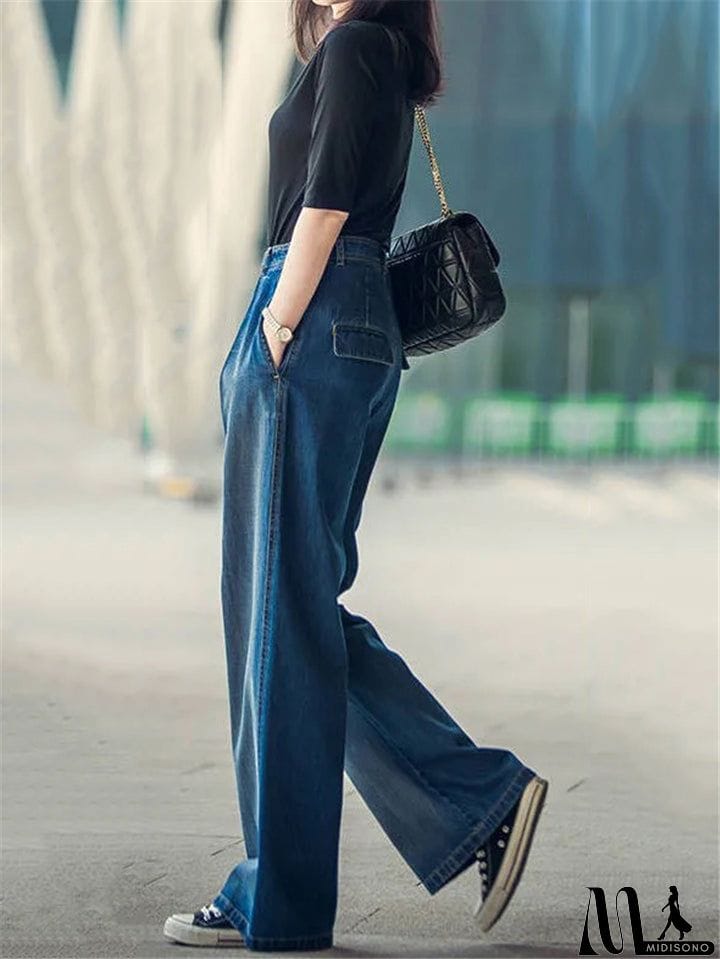 MidiSono - Women's Stitching Stonewashed Effect Wide-Leg Pocket Jeans