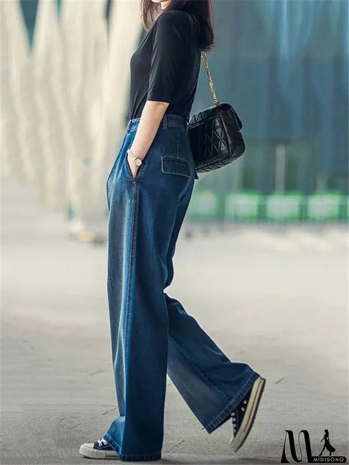 MidiSono - Women's Stitching Stonewashed Effect Wide-Leg Pocket Jeans