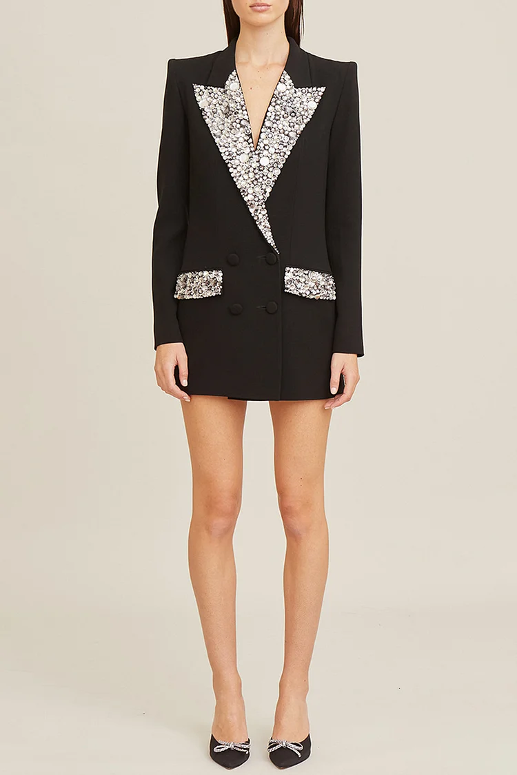 Rhinestone Peaked Lapel Double Breasted Blazer Mini Dress-Black