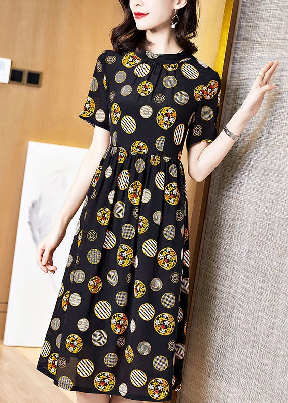 French Black Stand Collar Dot Print Silk Vacation Pleated Dresses Short Sleeve