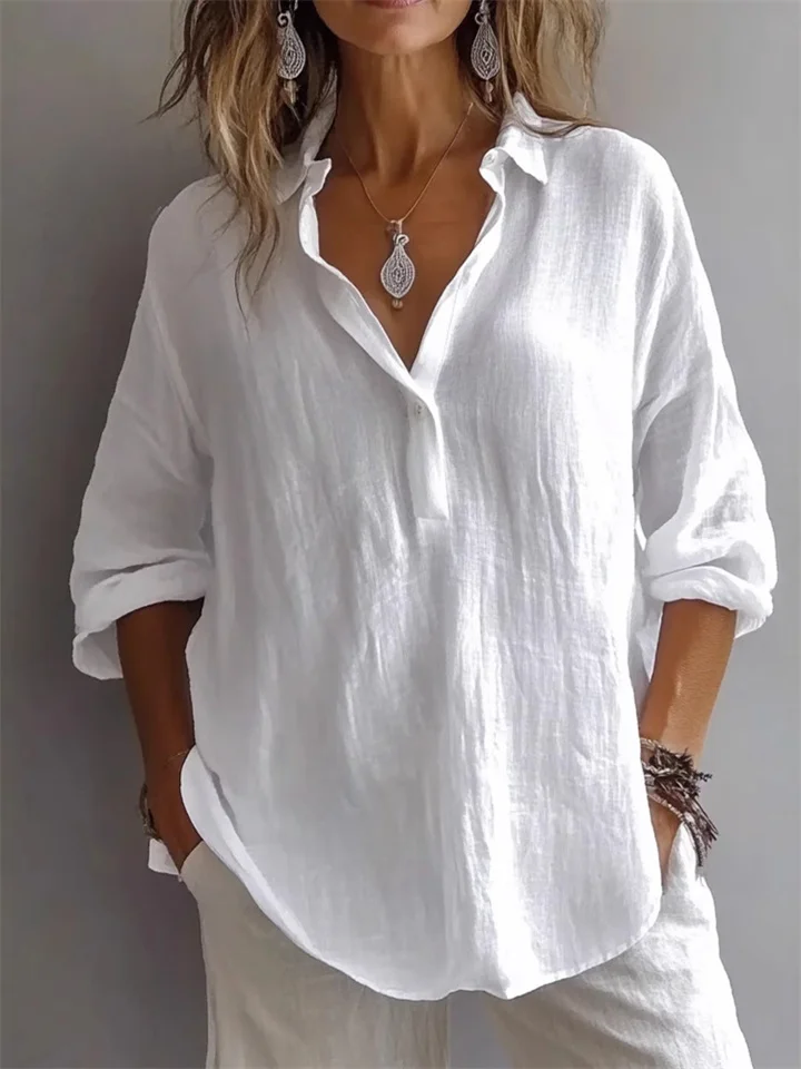 Women's Summer Solid Color Casual Loose Long-sleeved Linen V-neck Shirt