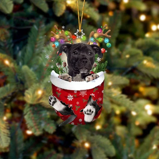 BLACK American Staffordshire Terrier In Snow Pocket Christmas Ornament trabladzer