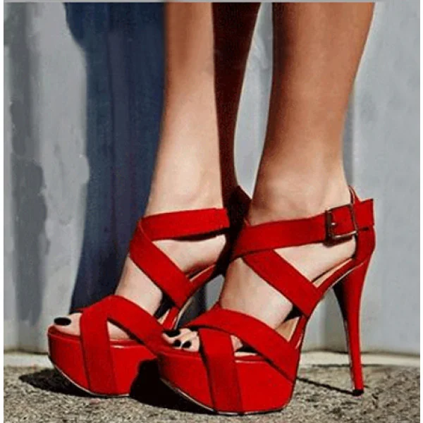 Coral Red Stilettos Platform Heels Crossed-over Strappy Sandals |FSJ Shoes