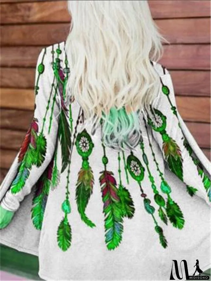 MidiSono - Casual Style Feather Floral Printed Long Sleeve Open Front Tops