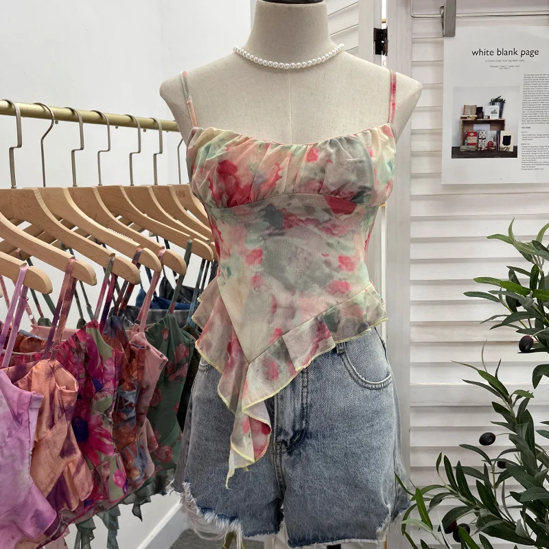 Nigikala Nigikala Shoot 辣tie Bra Irregular Sling Sling Vest Slimming Print Mesh Sleeveless Top 8950