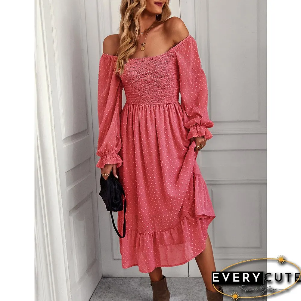 Watermelon Red Square Neck Pleated Swiss Dot Long Sleeve Dress