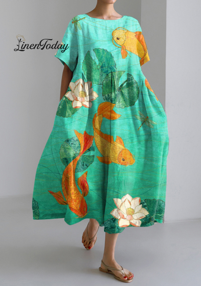 Japanese Goldfish Art Print Short Sleeve Midi Dress Multicolor / S