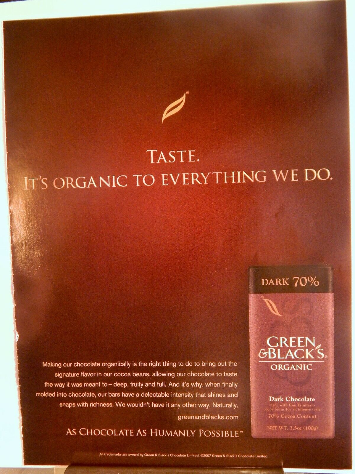 GREEN & BLACKS ORGANIC DARK CHOCOLATE 2007 VTG Photo Poster painting AD, RARE EPHEMERA