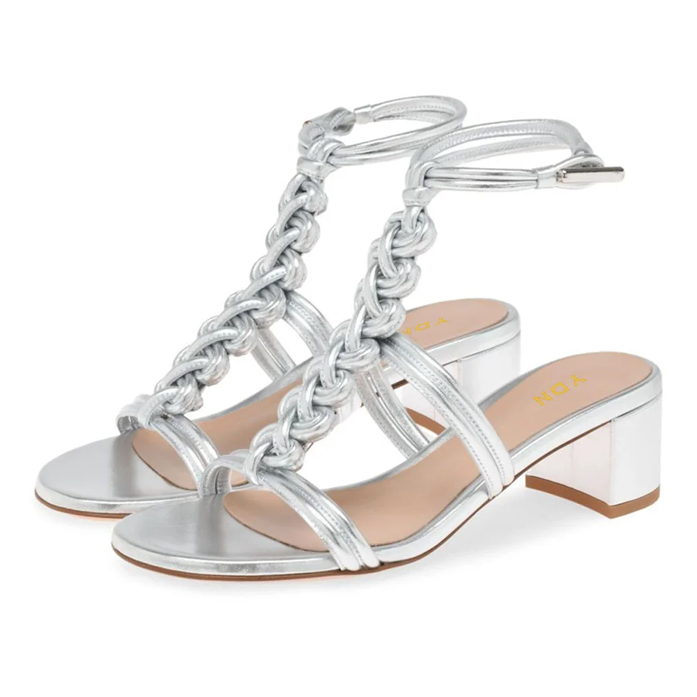 YDN Silver Open Round Toe Braided Trendy Strap Heels Sandals