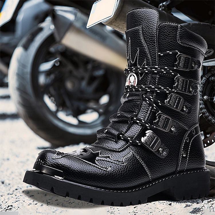 Men's Casual Solid Multi-Buckle Lace Up Leather Mid Calf Boots