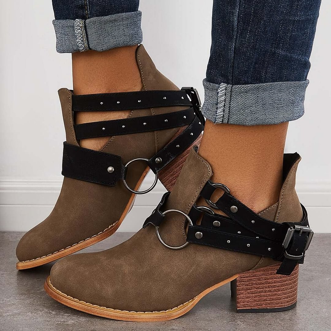Cut Out Chunky Heel Booties Western Cowboy Ankle Boots