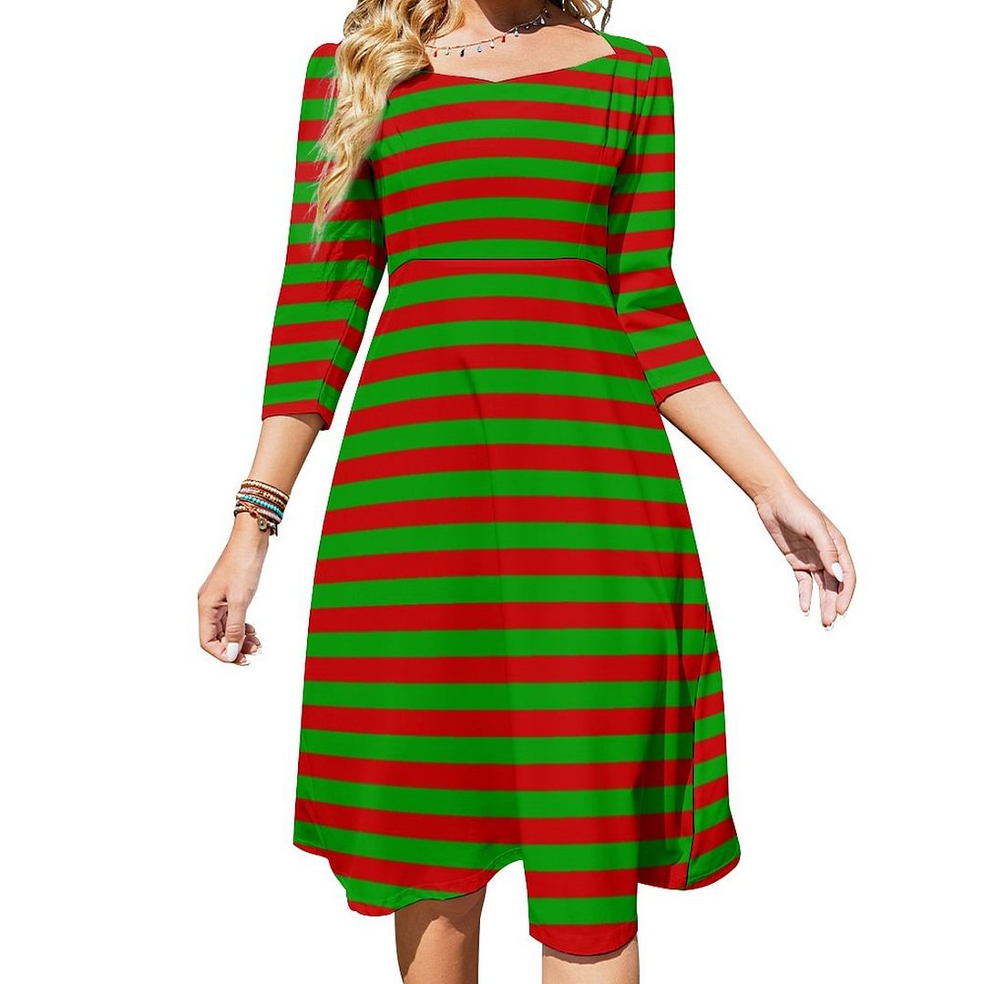 Christmas Red Green Stripes Elf Halloween Costume Dress Sweetheart Tie Back Flared 3/4 Sleeve Midi Dresses
