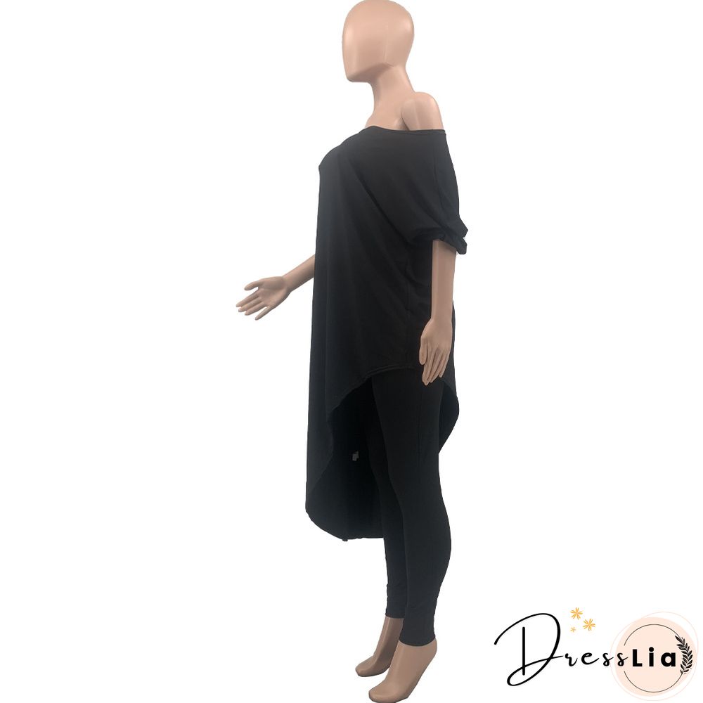 Plus Size Summer Clothes Solid Color Half Sleeve Slant Shoulder Loose Long T Shirt Top Pants 2 Piece Set